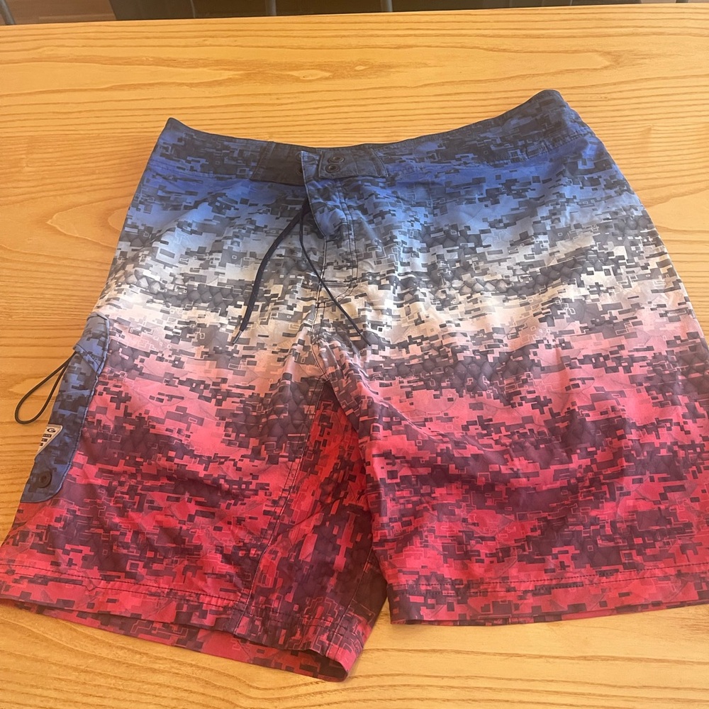 Columbia Digital Camo Swim Shorts - Red, Blue, and Black